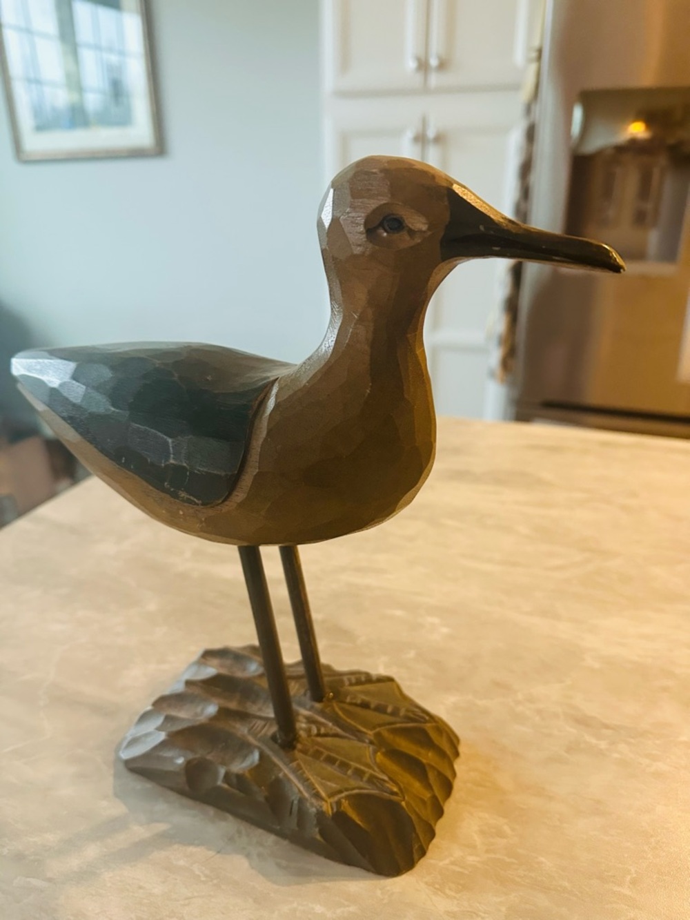 Hand-Carved Shorebird Sculpture in Olive and Black